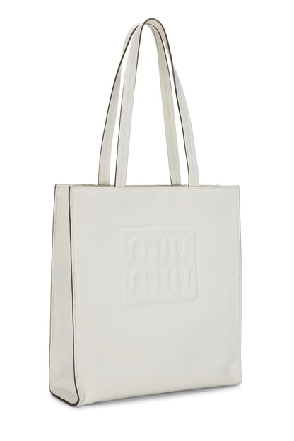 Miu Miu, Pre-Loved White Calfskin Embossed Logo Tote, White