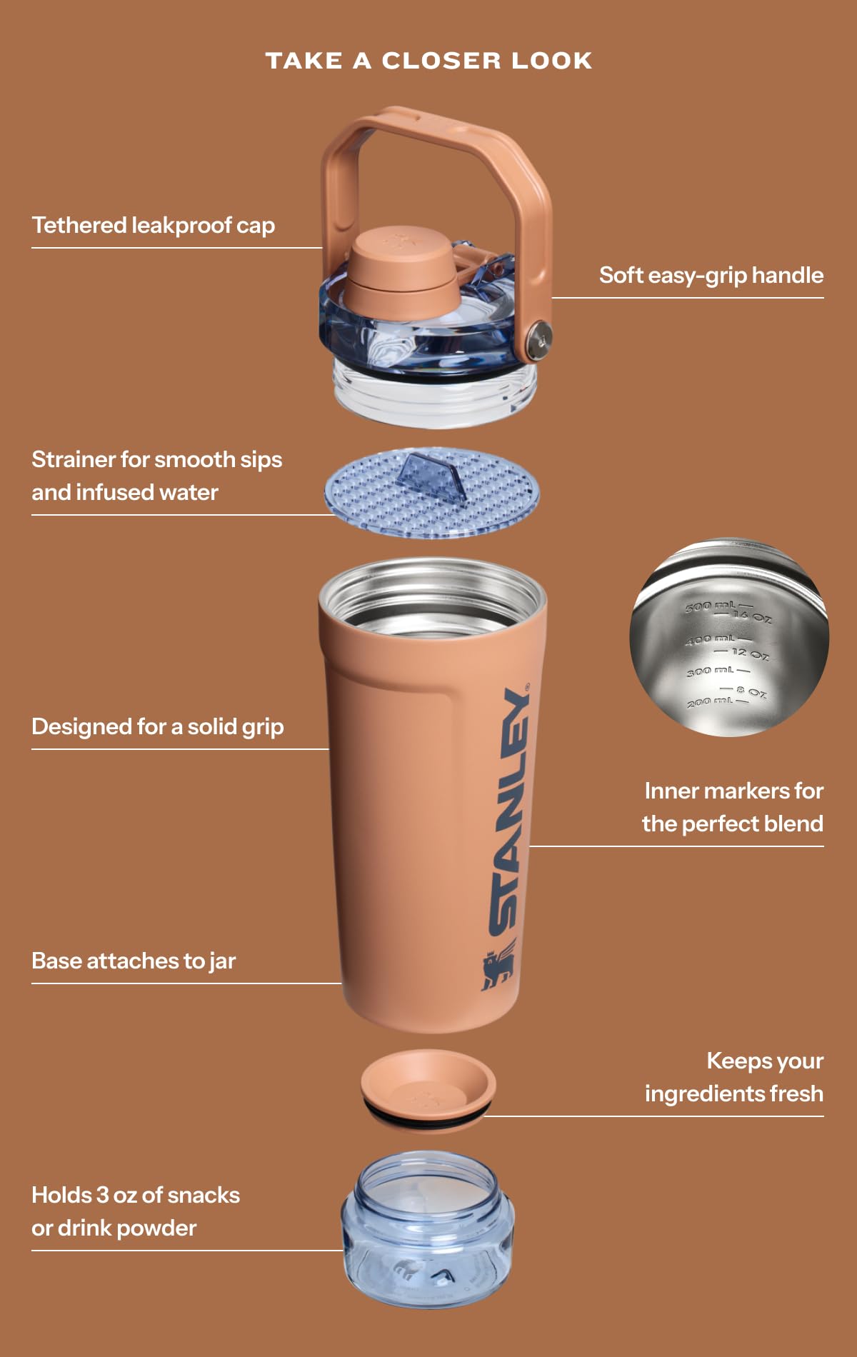 Stanley Activate Shaker Bottle 20 oz | Leakproof Insulated Stainless Steel Shaker Cup | Base Storage and Twist On Fast Flow Lid | Protein Shakes and Pre Workout Powder | BPA-Free | Dried Pine