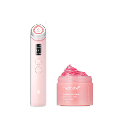 medicube Pink Skincare Set for Glass Glow Skin: Age-R Booster Pro Pink | 6-in-1 Real Glass Glow Beauty Massager and Collagen Jelly Cream- Niacinamide & Freeze-Dried Hydrolyzed Collagen 110ml