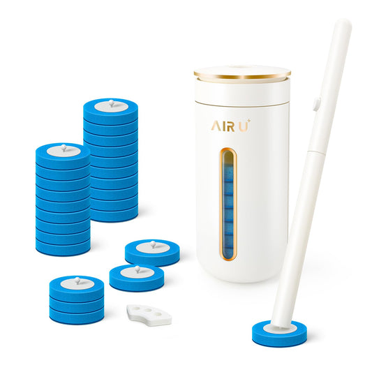AIR U+ Disposable Toilet Brush, Toilet Bowl Cleaning System with 24 Wand Refill, Clean Brush Starter Kit with 1 Toilet Wand, 1 Storage Caddy and 1 Fragrant Tablet (1 + 24)