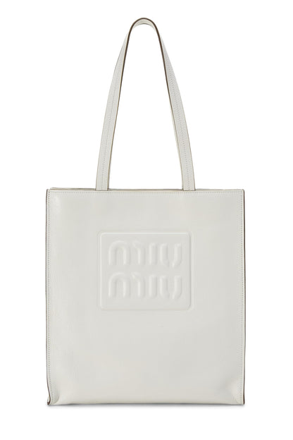 Miu Miu, Pre-Loved White Calfskin Embossed Logo Tote, White