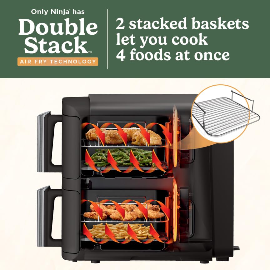 Ninja DoubleStack 2-Basket Air Fryer, DoubleStack Technology Cooks 4 Foods at Once, 8 QT, 6-in-1, Smart Finish & Match Cook, Air Fry, Broil, Bake, Easy Meals & Clean, Black, SL201 (Renewed)