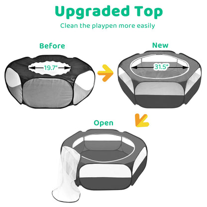 Amakunft Guinea Pig Playpen with Cover, Bunny Playpen with Top, Rabbit Pop Up Playpen with Roof, Small Animal Play Pen Indoor, for Ferret/Chinchilla/Bearded Dragon/Kitten (Black)