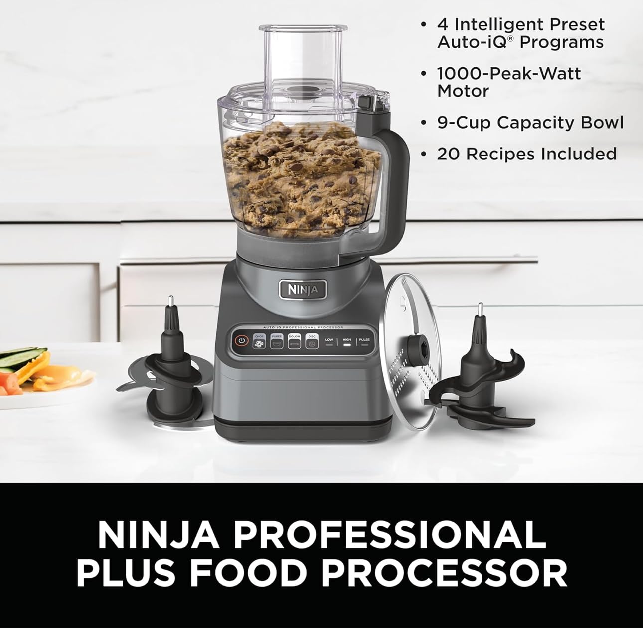 Ninja BN600 Professional Plus Food Processor, 850 Watts, 3 Functions for Chopping, Slicing & Dough with 9-Cup Processor Bowl, 3 Blades, Food Chute & Pusher, Silver
