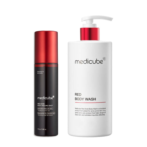 medicube red glow body essentials- Red Body Peeling Shot Body Spray Cleanser + Red Body Wash