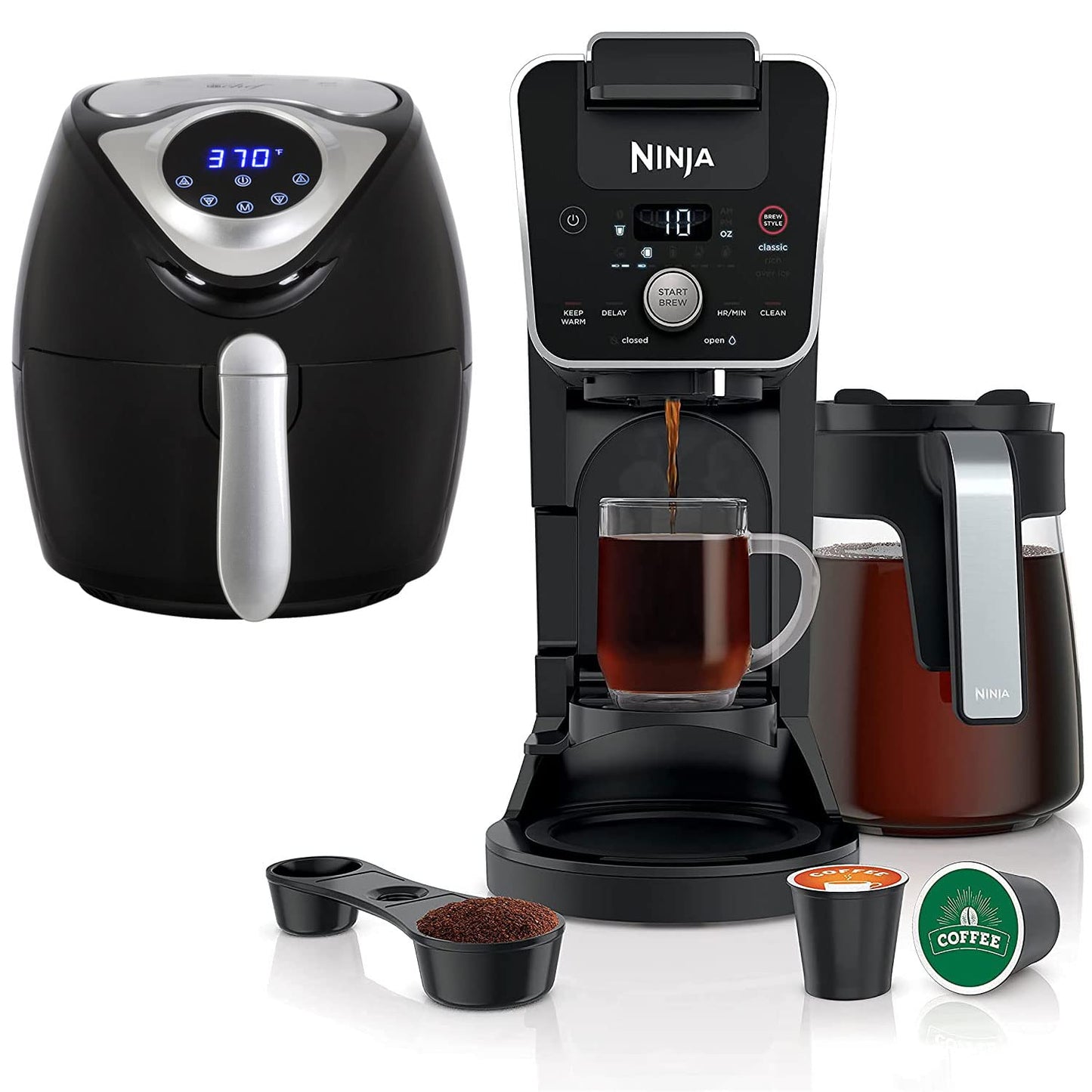 Ninja CFP201 DualBrew 12-Cup Drip Single-Serve Coffee Maker (Renewed) Bundle with Deco Chef 3.7QT Electric Oil-Free Digital Air Fryer for Healthy Frying