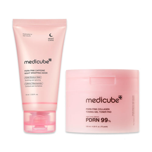 medicube Pink PDRN Day & Night Care Duo: Salmon DNA PDRN Caffiene Overnight Wrapping Peel Off Facial Mask and Salmon DNA PDRN Pink Collagen Jelly Pad
