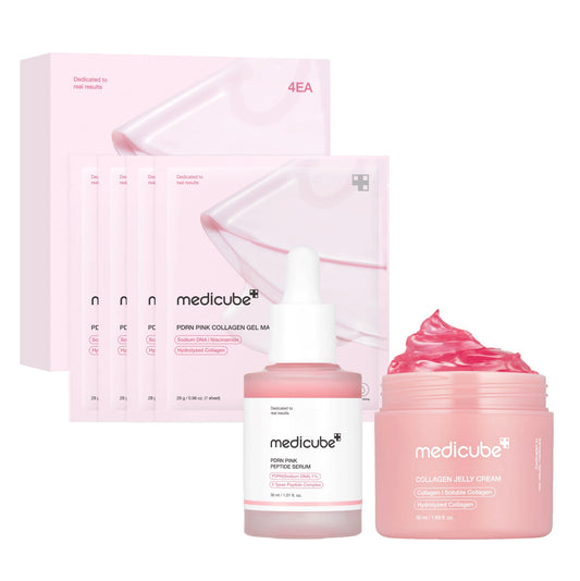 medicube Pink Glass Glow Skin Trio - Salmon DNA PDRN pink collagen jelly gel mask (4ea) + PDRN Pink Peptide Serum, Pink glow serum 50ml +Collagen Jelly Cream-50ml