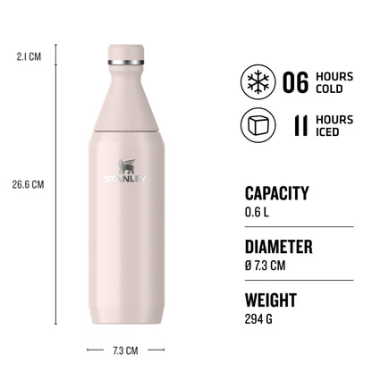 STANLEY The All Day Slim Sports Water Bottle 0.6L - Cold For 6 Hours - Iced For 11 Hours - BPA-Free Recycled Stainless Steel - Leakproof - Dishwasher Safe - Rose Quartz