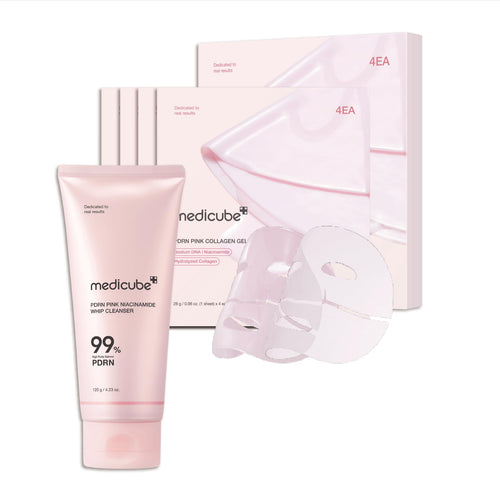medicube Salmon PDRN Essentials Set: Salmon DNA PDRN pink collagen jelly gel mask 4ea and Pink Marshmallow Whip Cleanser
