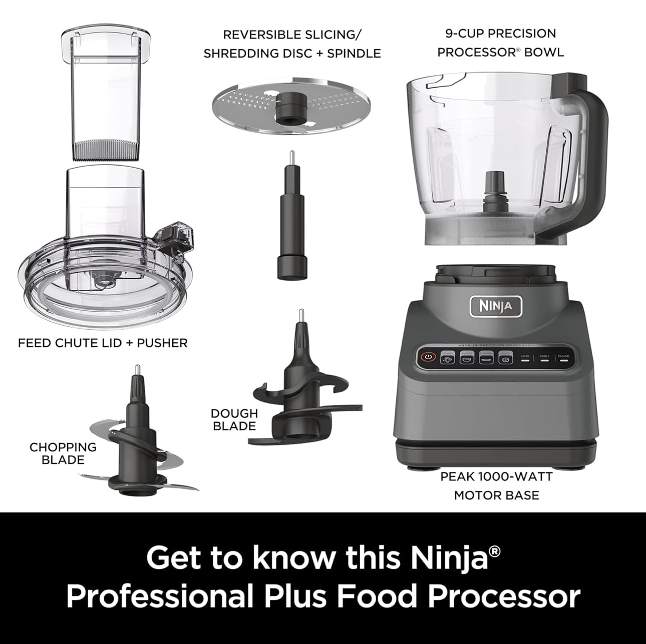 Ninja BN600 Professional Plus Food Processor, 850 Watts, 3 Functions for Chopping, Slicing & Dough with 9-Cup Processor Bowl, 3 Blades, Food Chute & Pusher, Silver