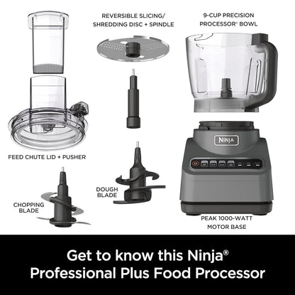 Ninja BN600 Professional Plus Food Processor, 850 Watts, 3 Functions for Chopping, Slicing & Dough with 9-Cup Processor Bowl, 3 Blades, Food Chute & Pusher, Silver