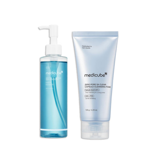 medicube Smooth Pore Double Cleanse Set: Zero Pore Blackhead Deep Cleansing Oil and Zero Pore Clear Blue Capsule Facial Cleanser