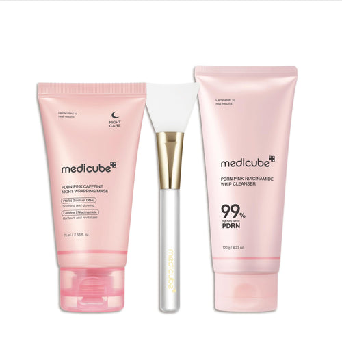 medicube PDRN Cleansing & Care Set: PDRN Caffeine Overnight Wrapping Peel Off Facial Mask and Pnk Marshmallow Whip Cleanser and Jelly Brush 1ea
