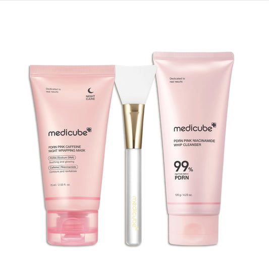 medicube PDRN Cleansing & Care Set: PDRN Caffeine Overnight Wrapping Peel Off Facial Mask and Pnk Marshmallow Whip Cleanser and Jelly Brush 1ea