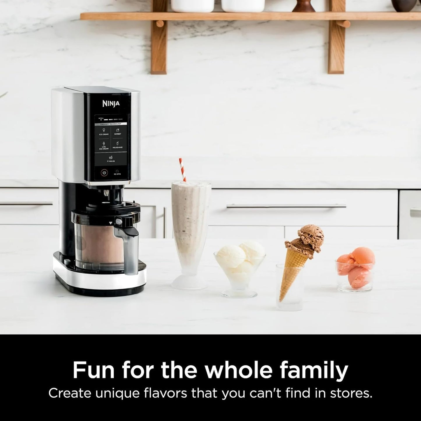 Ninja CREAMi Ice Cream Maker, 5 One-Touch Programs, Includes (2) 16oz Pints with Lids, Transform Frozen Bases to Ice Cream, Sorbets, Milkshakes, Vegan, Dairy-Free Options, NC300 White (Renewed)