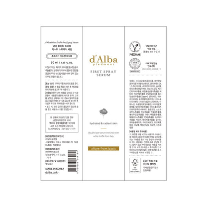d'alba Piedmont Italian White Truffle First Spray Serum, Vegan Skin Care, Hydrating Face Moisturizer, Glow Serum for Radiant Skin, Non Comedogenic, All In One Mist (1.69 fl oz.)