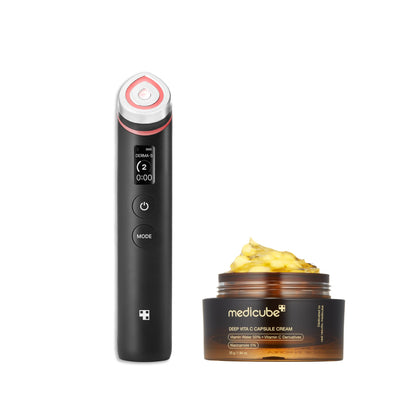 medicube K-Viral Duo for Uneven Skin Tone: Age-R Booster Pro | 6-in-1 Real Glass Glow Device and Deep Vitamin C Golden Capsule Face Moisturizer