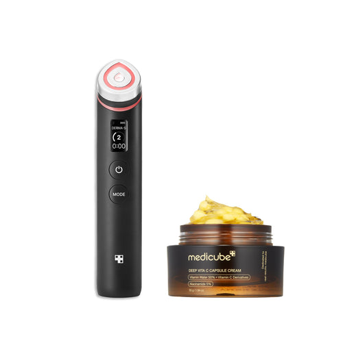 medicube K-Viral Duo for Uneven Skin Tone: Age-R Booster Pro | 6-in-1 Real Glass Glow Device and Deep Vitamin C Golden Capsule Face Moisturizer