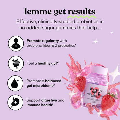 Lemme No. 2 Fiber & Probiotic Gummies for Adults, Promotes Regularity & Digestive Health, No Sugar Added Strawberry Flavor, 4g Prebiotic Fiber & Clinically Studied Probiotic Strains, (60 Count)