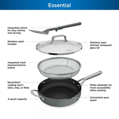 Ninja Foodi NeverStick Oven Safe Pan with Lid, Mesh Strainer, & Spatula, 4 Quart, Sea Salt Grey