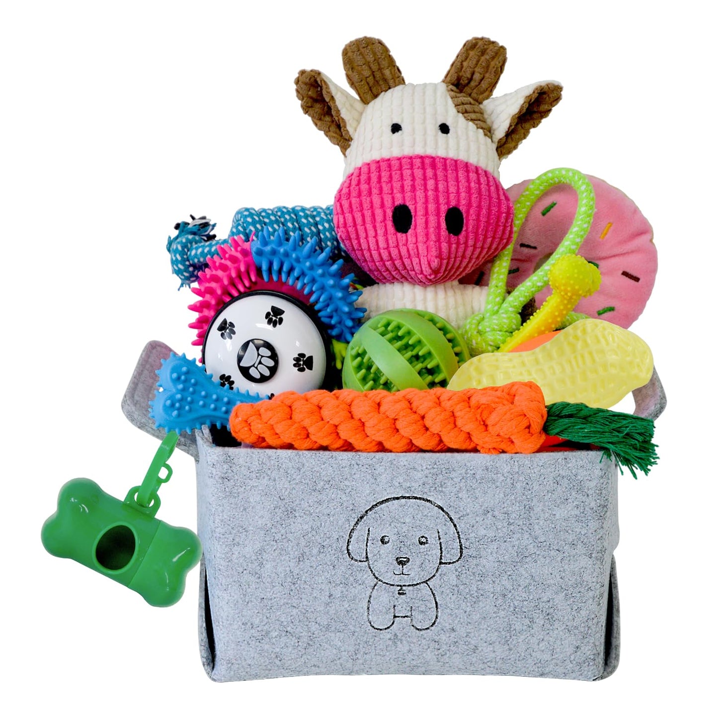 MRSOHRET 20Pcs Puppy Chew Toys for Teething, Dog Chew Toys with Rope Toys, Pet Dog Toothbrush, Treat Balls, Plush Toys and Squeaky Toys for Small Medium Dogs with Basket