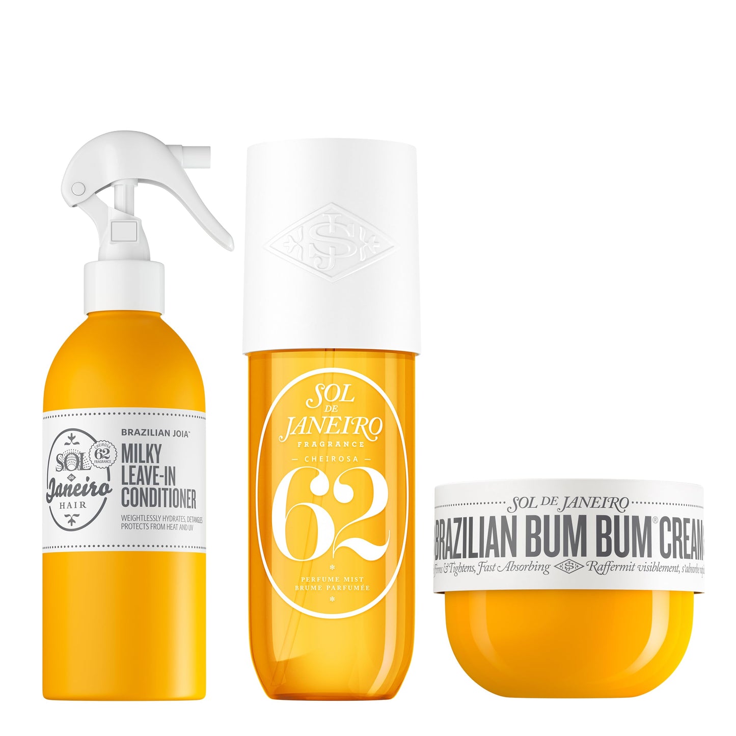 SOL DE JANEIRO Brazilian Bum Bum Cream, Milky Leave-In Conditioner, and Cheirosa 62 Hair & Body Perfume Mist Bundle, Amazon Exclusive