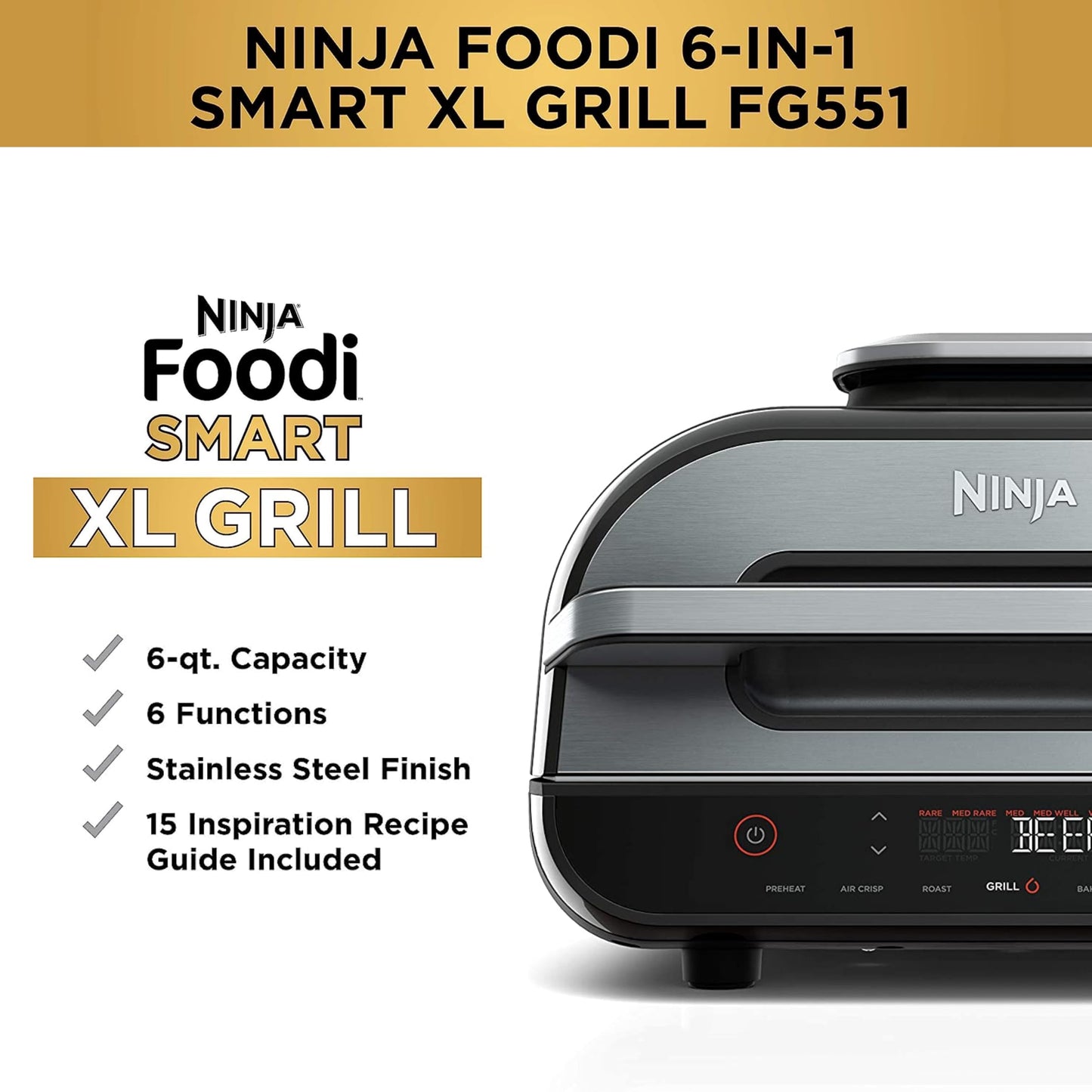 Ninja Indoor Grill, Foodi Smart XL 6-in-1 Indoor Grill with Air Fry, Roast, Bake, Broil & Dehydrate, Smart Thermometer, Black/Silver, FG551