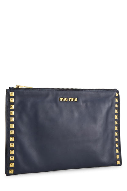 Miu Miu, Pre-Loved Navy Studded Calfskin Clutch, Navy