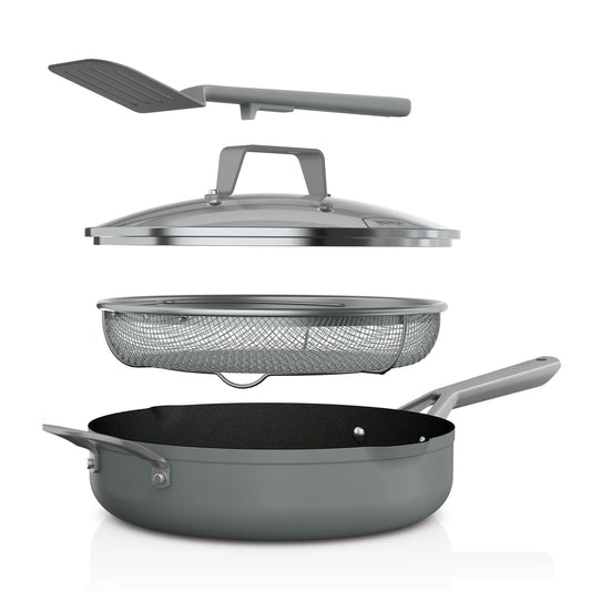 Ninja Foodi NeverStick Oven Safe Pan with Lid, Mesh Strainer, & Spatula, 4 Quart, Sea Salt Grey