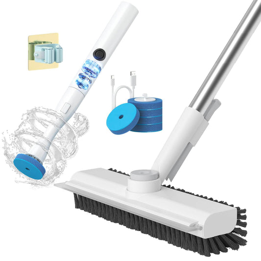 AIR U+ Floor Scrub Brush with Long Handle and Electric Toilet Brush Set with 5 Disposable Refill Heads