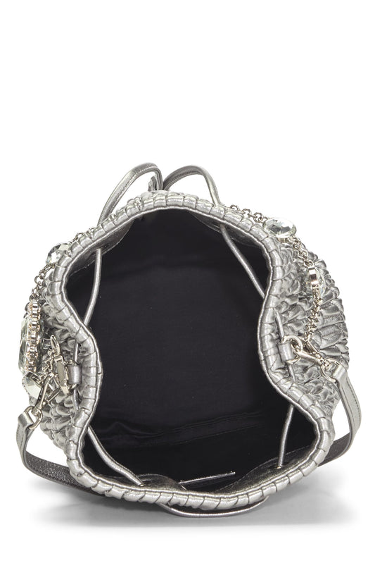 Miu Miu, Pre-Loved Silver Nappa Crystal Drawstring Bucket Bag, Silver