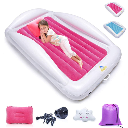 Sleepah Inflatable Toddler Travel Bed Portable Kids Air Mattress Set w Safety Rail Guards for Kids & Toddlers – Includes Pump, Carry Case, Pillow & More - Perfect Transitional Cot Coral