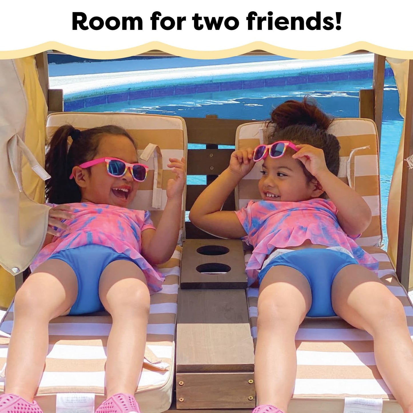 KidKraft Wooden Outdoor Double Chaise Lounge with Cup Holders, Patio Furniture for Kids or Pets, Espresso with Oatmeal and White Striped Fabric