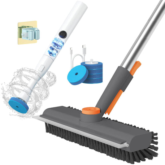 AIR U+ Floor Scrub Brush with Long Handle and Electric Toilet Brush and Holder Set with 5 Disposable Refill Heads