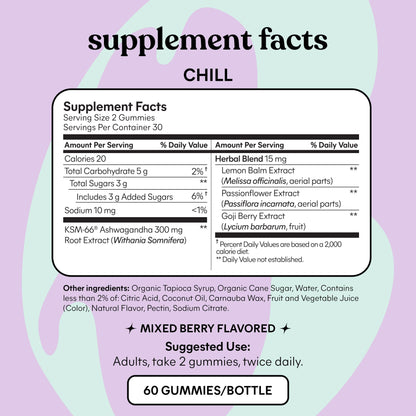 Lemme Chill Stress Relief Gummies with 300mg KSM-66 Ashwagandha, Lemon Balm, Passionflower & Goji to Support Relaxation, Healthy Cortisol & Sleep - Gluten-Free, Non-GMO, Mixed Berry (60 Count)