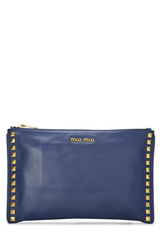 Miu Miu, Pre-Loved Navy Studded Calfskin Clutch, Navy