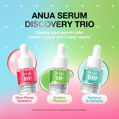 Anua Serum Discovery Trio, Mini Face Serum Travel Size Kit with Hyaluronic Acid, Niacinamide & Azelaic Acid, Hydrating Soothing Gift Set for Women, Korean Skincare Set -10ml/0.33fl.oz × 3EA