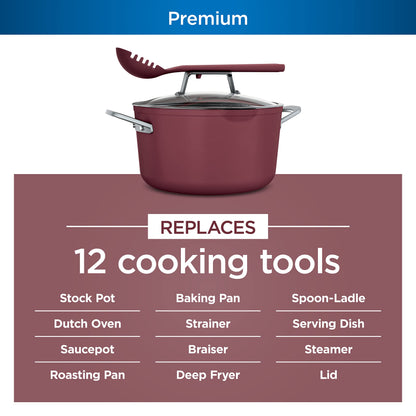 Ninja CW202RD Foodi NeverStick PossiblePot, Premium Set with 7-Quart Capacity Pot, Roasting Rack, Glass Lid & Integrated Spoon, Nonstick, Durable & Oven Safe to 500°F, Cherry Tart