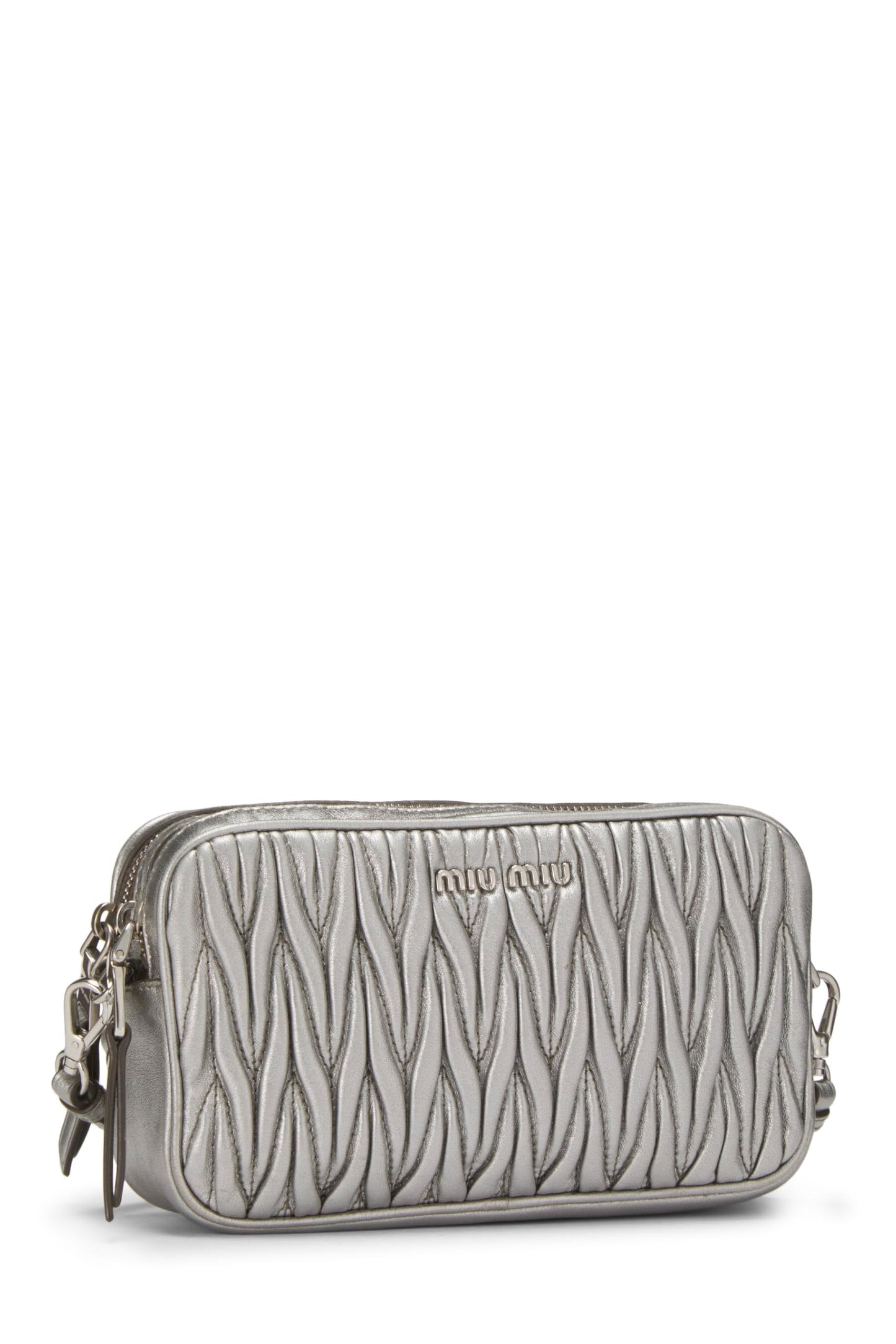 Miu Miu, Pre-Loved Silver Nappa Double Zip Camera Crossbody Bag, Silver