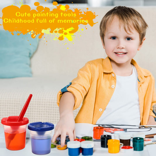 10 Pcs Children's Paint Cups with Lids for Kids Leakproof No Spill Paint Cups Toddlers and 10 Pieces Matching Colored Painting Round Brush Set Outdoor Art Supplies for Kids