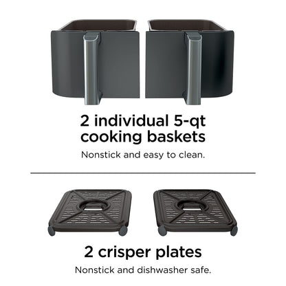 Ninja DZ401 Foodi 10 Quart 6-in-1 DualZone XL 2-Basket Air Fryer with 2 Independent Frying Baskets, Match Cook & Smart Finish to Roast, Broil, Dehydrate & More for Quick, Grey (Renewed)