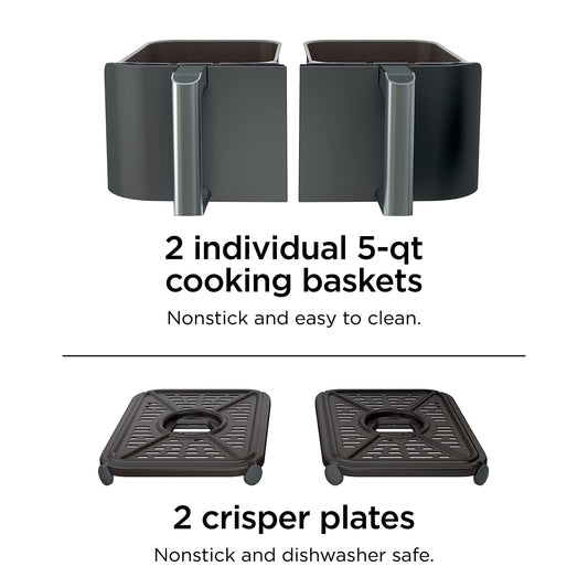 Ninja DZ401 Foodi 10 Quart 6-in-1 DualZone XL 2-Basket Air Fryer with 2 Independent Frying Baskets, Match Cook & Smart Finish to Roast, Broil, Dehydrate & More for Quick, Grey (Renewed)