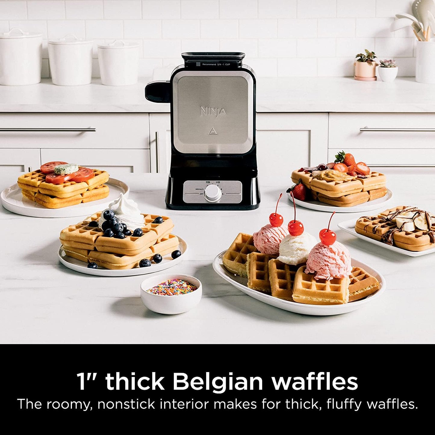 Ninja BW1001 NeverStick PRO Belgian Waffle Maker, Vertical Design, 5 Shade Settings, Precision-Pour Cup NOT Included* (Renewed) (Black/Gray)