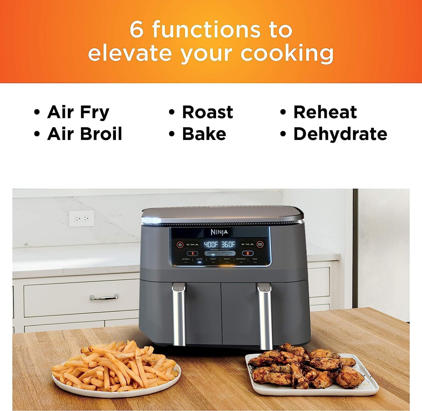 Ninja DZ201BK Foodi 6-in-1 2-Basket Air Fryer with DualZone Technology, 8-Quart Capacity (Black Stainless) (Renewed)