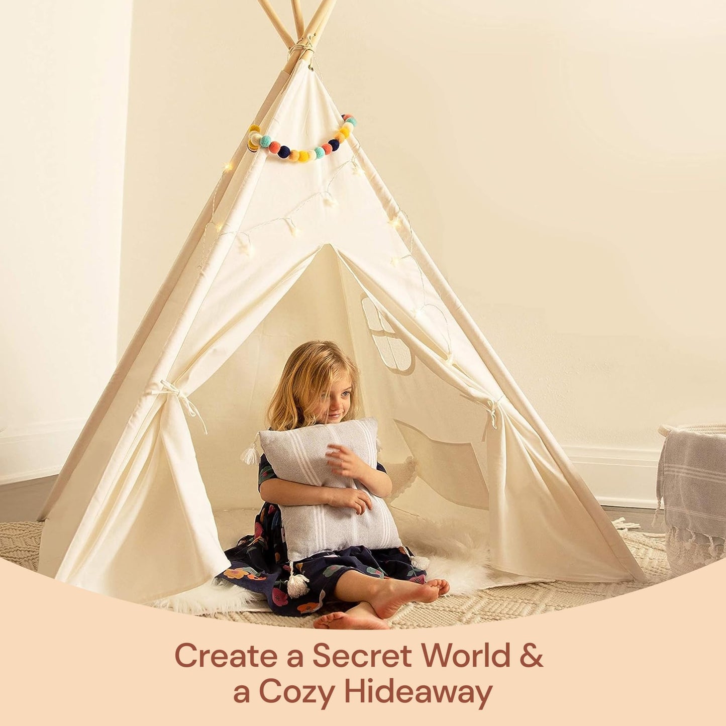 PlayVibe Kids Teepee Canopy - Baby & Toddler Play Shelter with LED Star Lights, Cozy Reading Nook, Party Canvas for Indoor Outdoor Fun - Tent for Kids - Play Tent