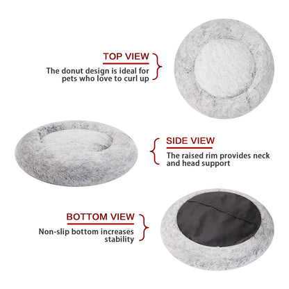 Bedfolks Calming Donut Dog Bed for Small Dogs & Cats, 23 Inches Round, Machine Washable, Anti-Anxiety Plush Bed (Dark Grey, Small)