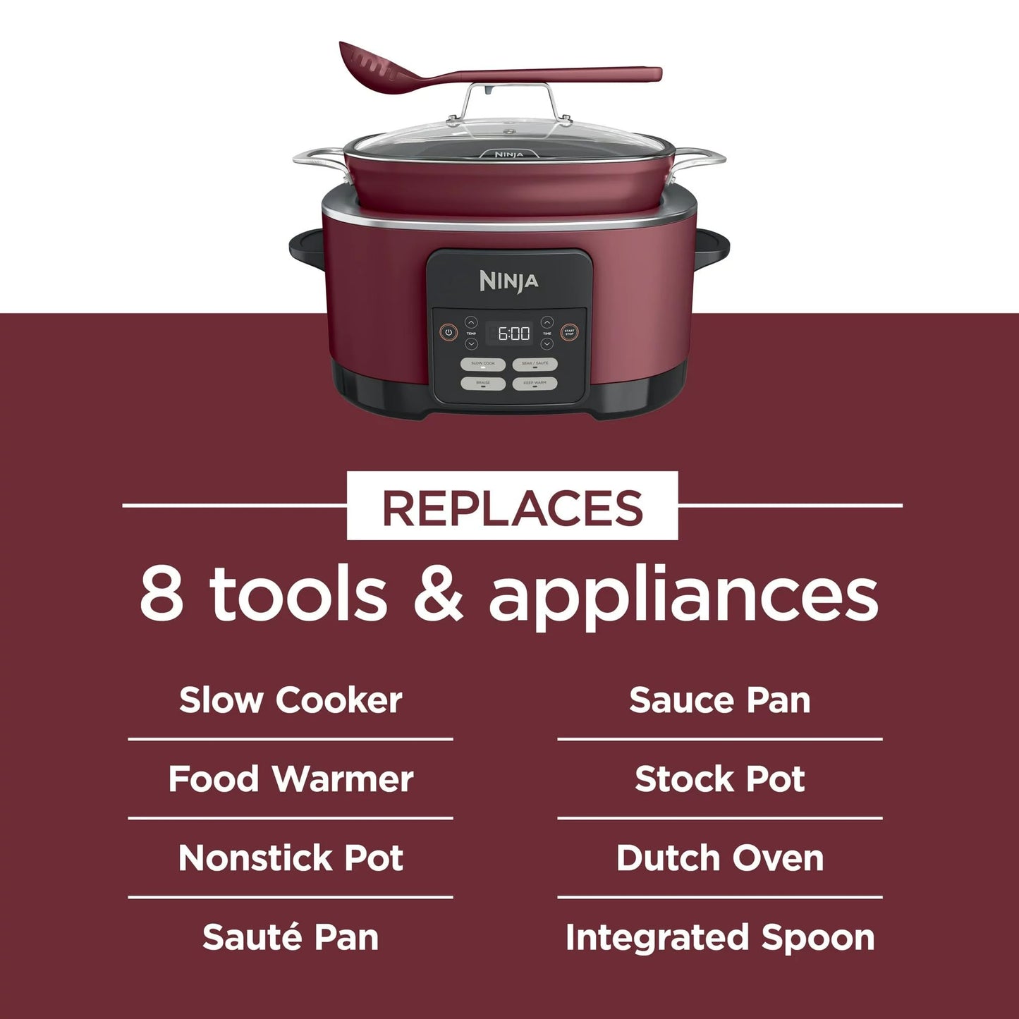 Ninja MC1000 Foodi PossibleCooker 8.5 Quart Multi-Cooker,with 4-in-1 Slow Cooker,Dutch Oven & More,Glass Lid & Integrated Spoon,Nonstick,Oven Safe Pot to 500°F,Cherry Tarte (Renewed) (CRT2NJMC1000RB)