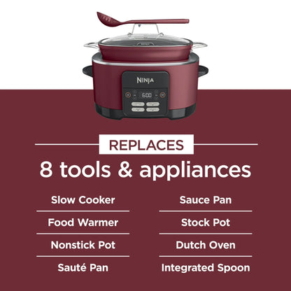 Ninja MC1000 Foodi PossibleCooker 8.5 Quart Multi-Cooker,with 4-in-1 Slow Cooker,Dutch Oven & More,Glass Lid & Integrated Spoon,Nonstick,Oven Safe Pot to 500°F,Cherry Tarte (Renewed) (CRT2NJMC1000RB)