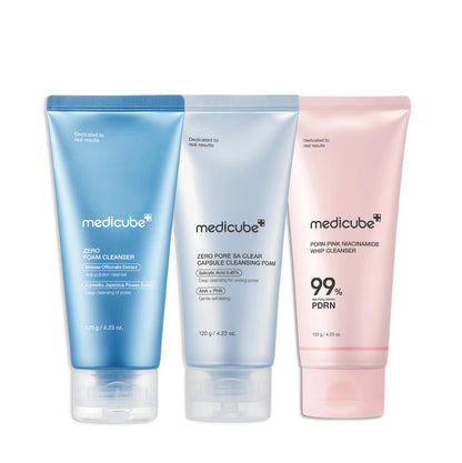 medicube Cleansing Texture Trio: Zero Foam for Sensitive Skin, Blue Capsule Deep Cleanser & PDRN Whip Wash
